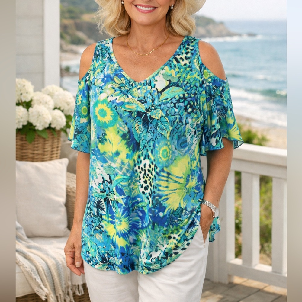 Cold-Shoulder V-Neck Floral Print Women’s Top in Blue-Green